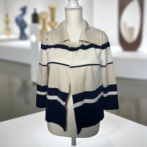 ST JOHN Striped Draped Cream Navy Sweater Jacket Size 4